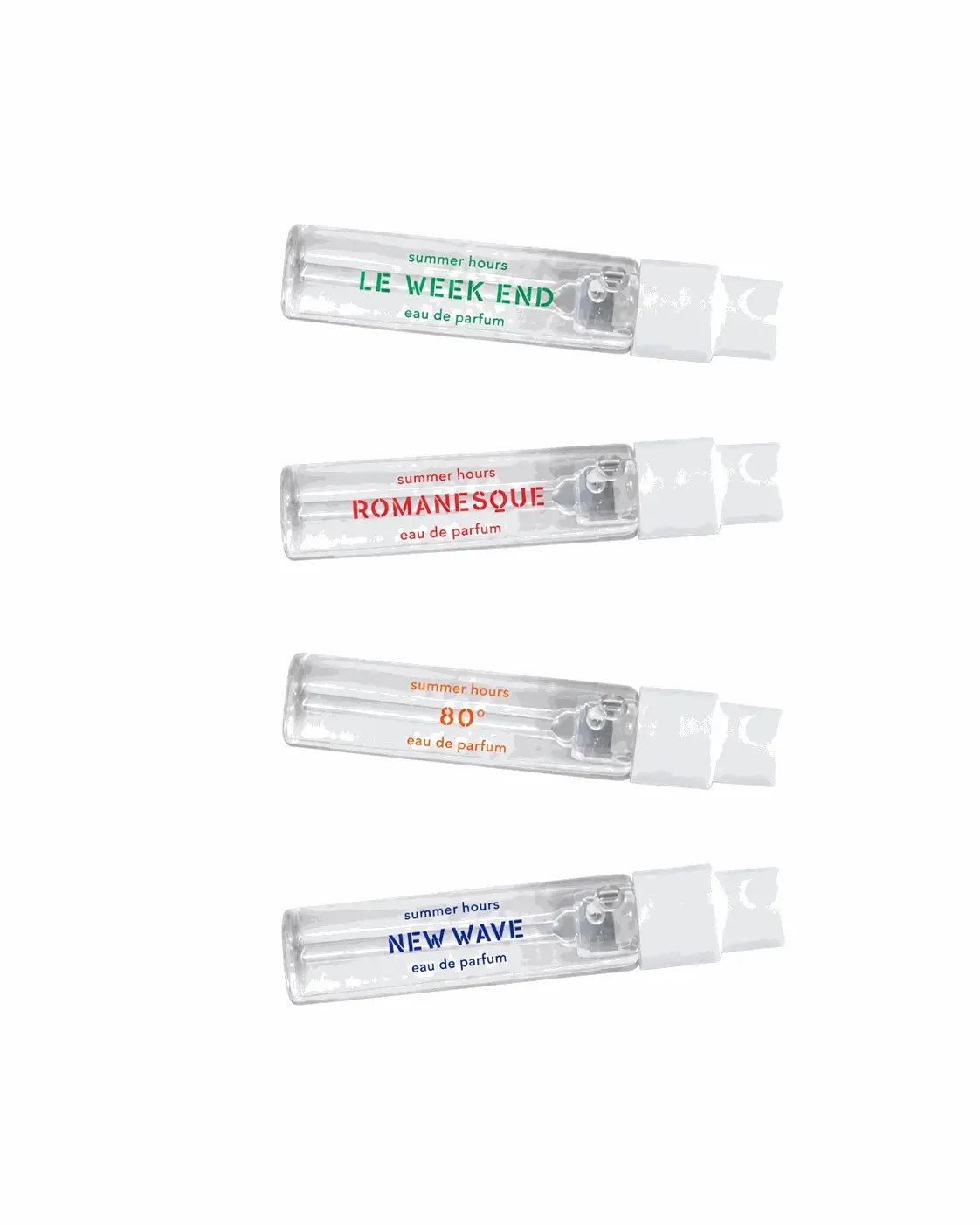 Summer Hours Le Week End, Romanesque, 80° and New Wave fragrance vials
